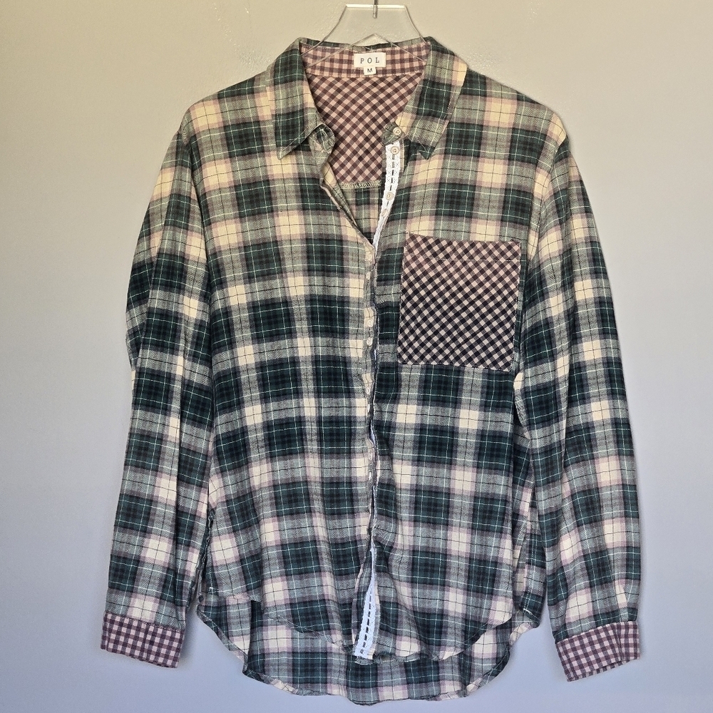 POL Contrast Flannel Plaid Check Lace Button Down Shirt Relaxed Boyfriend Fit M - Picture 3 of 14